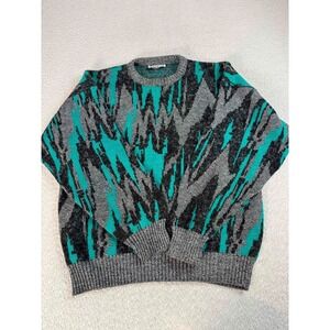 Santana Ltd Mens Aztec Knit Crewneck Geometric Pullover Blue Green Sweater XL